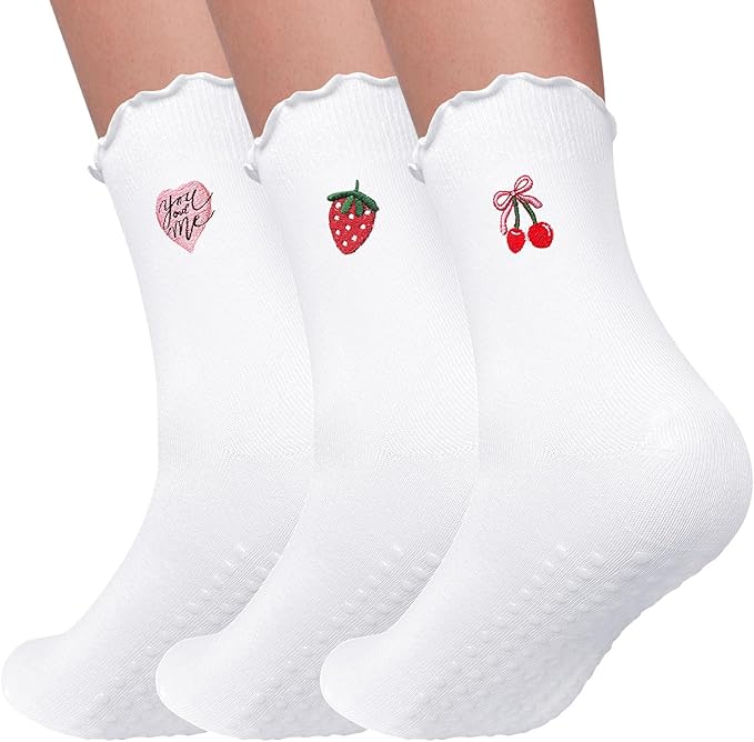 3 Pairs Pilates Socks with Grips Non Slip Ruffle Yoga Grip Socks for Women