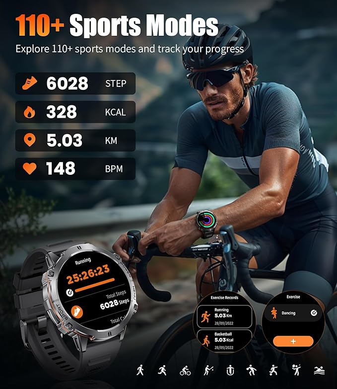 LIGE Military Smart Watch with 900mAh Battery(60+Standby),1.73" AMOLED with Compass Altitude and Barometric Pressure,110+ Sports Mode Tactical Fitness Tracker/Bluetooth Call Android iOS Smartwatch