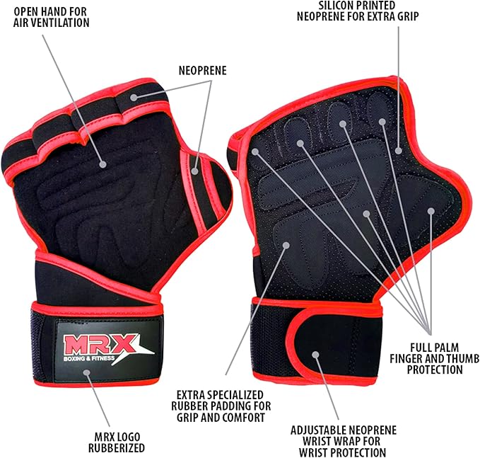 MRX BOXING & FITNESS Workout Gloves for Men and Women Ventilated Weight Lifting Gloves with Wrist Wraps Sticky Palm Protection with Extra Grip Gym Gloves for Exercise Pull Ups, Cross Training