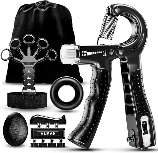 ALMAH Hand Grip Strengthener kit(5 Pack),Grip Strength Trainer,Forearm Workout Trainer Adjustable Grip Exercises,Finger Grip Strengthener,Finger Stretcher,Grip Ring & Stress Relief Ball with Carry Bag