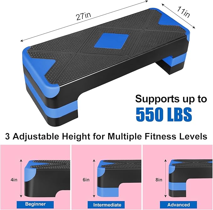Exercise Workout Aerobic Step Platform Trainer, 27" Aerobic Stepper with 4"-6"-8" Adjustable Height Risers