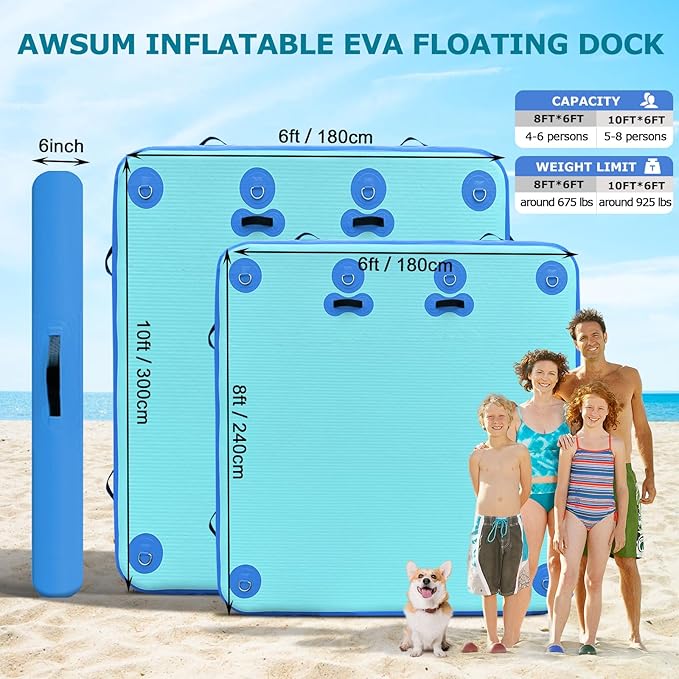 AWSUM Inflatable Floating Dock Air Dock Platform, 6ft/8ft Non-Slip Inflatable Water Mat Floating Island Raft for Lake Pool Beach Ocean