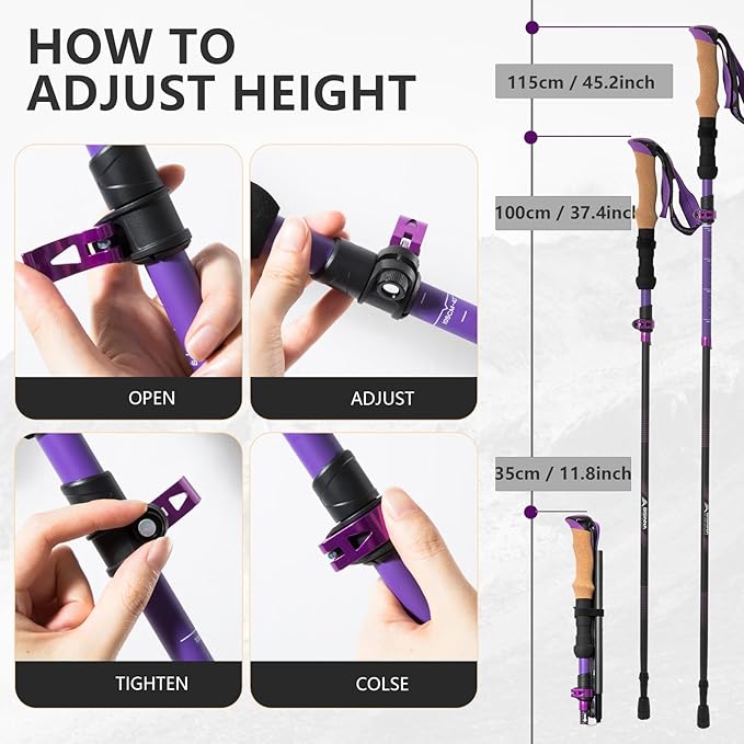 BISINNA Carbon Fiber Trekking Poles Collapsible Hiking Poles Lightweight Walking Sticks with Cork Handle Quick Lock for Women and Men 2pc