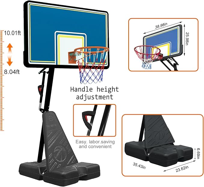 Basketball Hoop Outdoor 8.04-10FT Height Adjustable, Portable Basketball Goal with 44 Inch Shatterproof Backboard, Heavy-Duty Base & Wheels for Youth,Teens,Adults in Backyard,Driveway,Indoor