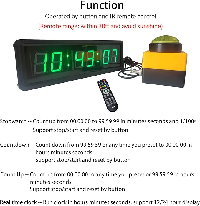 Countdown Timer Clock, Large Stopwatch with Tap Button, Support Count Up & Real Time Function, Ideal for Indoor Games & Sports, Wall Mount/Tabletop, 13.4x3.7in.