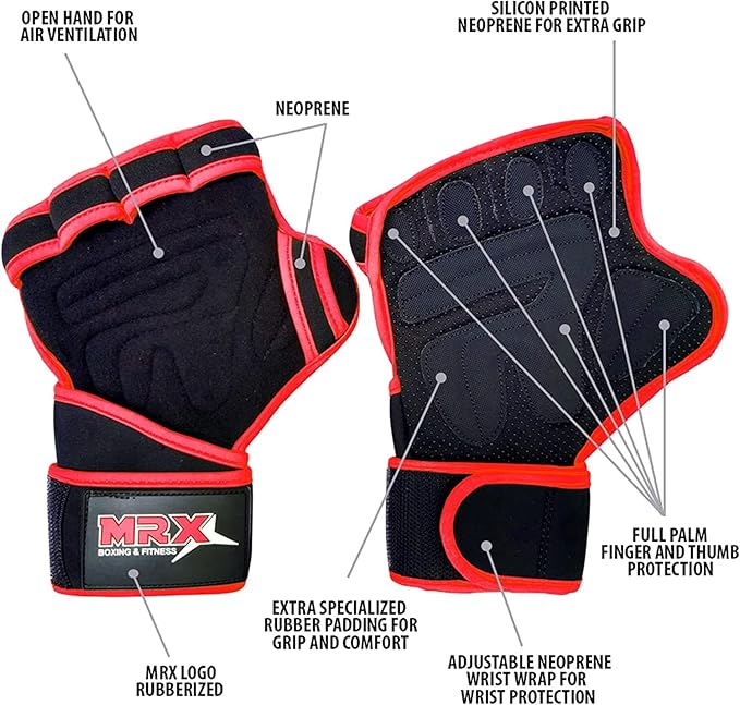 MRX BOXING & FITNESS Workout Gloves for Men and Women Ventilated Weight Lifting Gloves with Wrist Wraps Sticky Palm Protection with Extra Grip Gym Gloves for Exercise Pull Ups, Cross Training