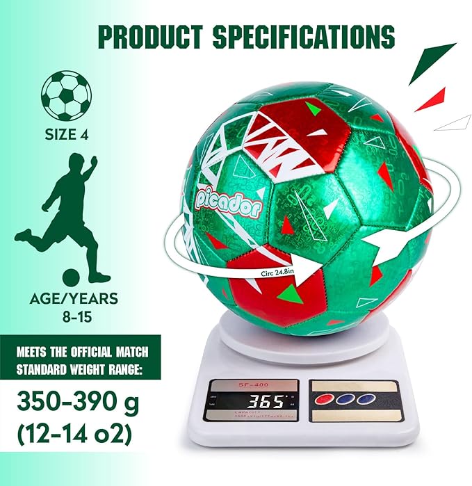 Size 4 Soccer Balls, Laser Leather Soccer Ball for Sport Training & Match Play - Vibrant Soccer Balls Gift Set with Pump for Kids and Youth