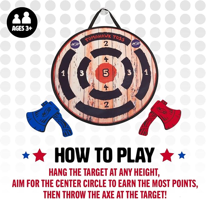 NSG Tomahawk Toss - Foam Axe Throwing Game for Kids - Two Lightweight Axes with Large Easy Stick Target, Wood/Black/red/Blue (JS7000)