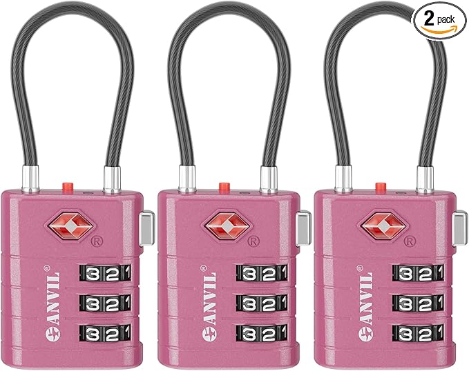 ANVIL TSA Approved Luggage Locks – High Security TSA008 Combination Travel Locks with Inspection Indicator for Suitcases and Backpacks. (3, Rose Purple)