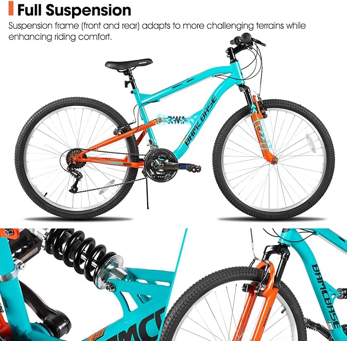 Hiland Full Suspension Mens Mountain Bike, 18 Speed, 26 Inch Wheel, Dual V Brake Bike for Men Womens Adult Bicycle