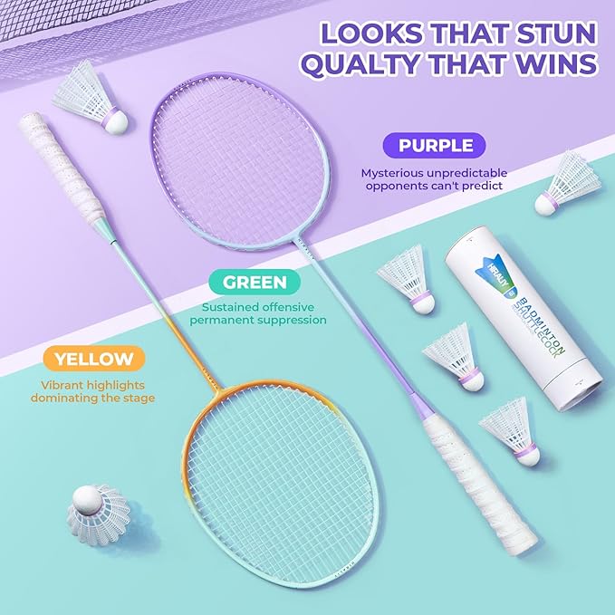 HIRALIY Badminton Rackets Set for Backyards, Lightweight Badminton Set of 2/4, Includ Rackets, Birdies, 1 Carrying Bag, Outdoor Games for Adults Family Kids Beginners