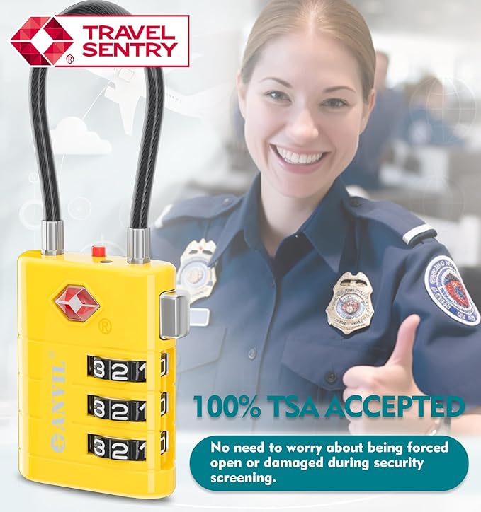 ANVIL TSA Approved Luggage Locks – High Security TSA008 Combination Travel Locks with Inspection Indicator for Suitcases and Backpacks. (3, Yellow)