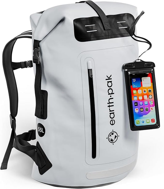 Earth Pak Waterproof Backpack - Heavy Duty Hiking Backpack - Roll-Top Closure Bag - Cushioned Dry Bag Waterproof Phone Case