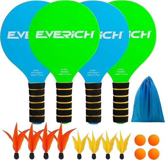 EVERICH TOY Paddle Ball Set, Badminton Set 4 Rackets, Great Gifts Easter Basket Stuffers for Kids Teens Adults and Family, Fun for Beach, Yard, and Lawn Play All Year Round