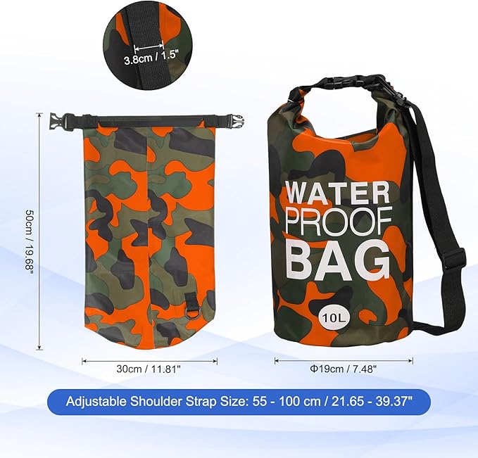 Waterproof Dry Bag, 10L Fit for Women Men Water Proof Bags Lightweight Dry Storage Floating Backpack with Whistle for Travel Boating Kayaking (Orange Camouflage)
