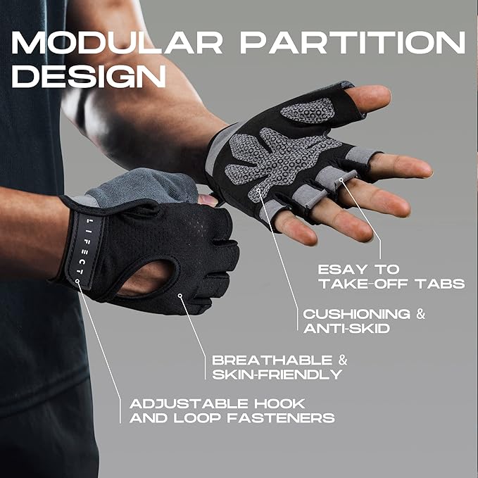 LIFECT Essential Breathable Workout Gloves, Weight Lifting Fingerless Gym Exercise Gloves with Curved Open Back, for Powerlifting, Women and Men