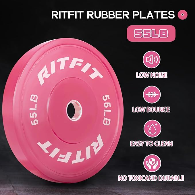 RITFIT Pink Weight Plates, 2 Inch Olympic Barbell Weight Plate, Bumper Plates With Steel Insert, Pink Weights for Gym and Home