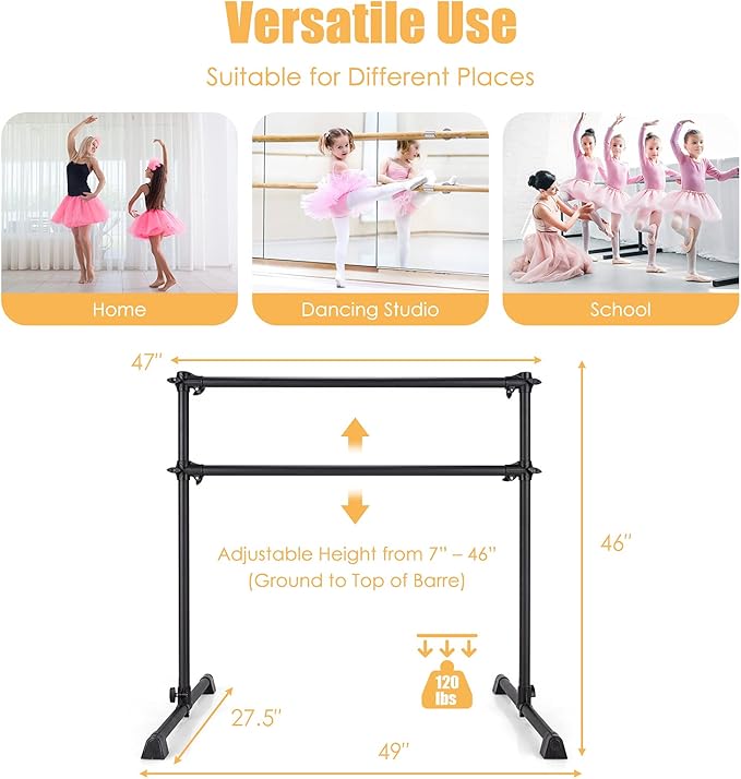 GOFLAME 4FT Ballet Barre Portable, Freestanding Double Ballet Barre Height Adjustable with Anti Slip Base, Heavy Duty Stretch Dance Bar for Home Workout
