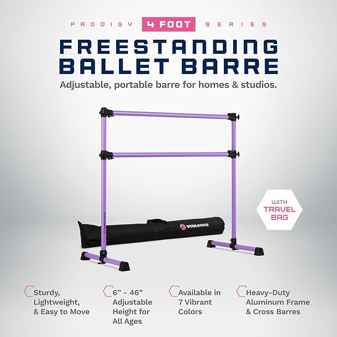 VITA Barre Portable Freestanding Double Ballet Barre, Prodigy, with Carry Bag | Adjustable Height, USA Made, Home or Gym Exercise Equipment for Kids & Adults | Dance, Fitness, Pilates