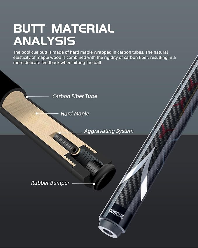 CRICAL Carbon Fiber Pool Cue COWCUE Series Low Deflection Billiards Cue Stick 58" Professional Pool Table Sticks for Adults -12.5mm Tip, Weight 19OZ (Adjustable), 3/8 * 8 Joint