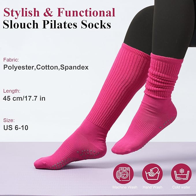 Grip Pilates Socks for Women, Yoga Slouch Socks with Grip for Barre Workout Hospital Long Scrunch Slipper Socks
