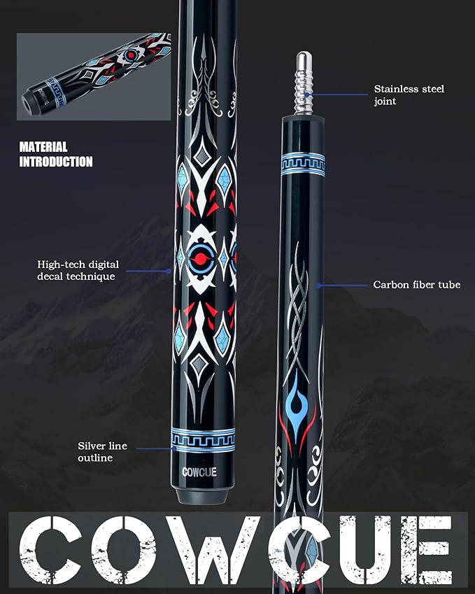 CRICAL Carbon Fiber Pool Cue COWCUE Series Low Deflection Billiards Cue Stick 58" Professional Pool Table Sticks for Adults -12.5mm Tip, Weight 19OZ (Adjustable), 3/8 * 8 Joint