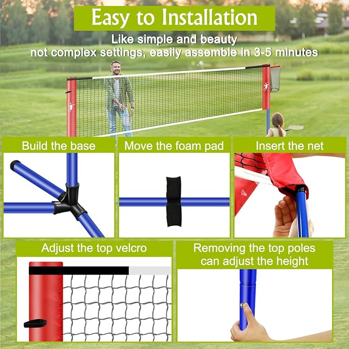 Pickleball Badminton Net Set for Backyards, All-in-One Portable Volleyball Combo Set with Adjustable Net, Volleyball Pickleball Paddles & Badminton Rackets for Indoor Outdoor