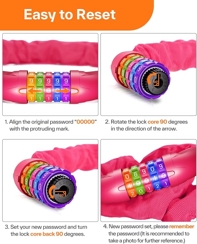 Sportneer Bike Lock: 5 Digit Combination High Security Anti Theft Bike Chain Lock - 3.2/3.6/4ft Heavy Duty Keyless Bicycle Lock for Bike, Motorcycle, Scooter, Door & Gate - 4/6mm Thick, Easy to Use