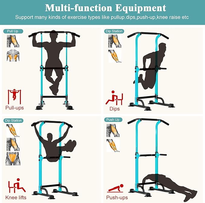 Dland Power Tower Pull Up Bar Dip Station and Height Adjustable Dip Bar Stand, Multi-Function Home Gym Exercise Equipment Strength Training Fitness Workout Station