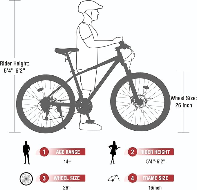 Mountain Bike 26 inch 24 Speed Dual Disc Brake MTB Front Suspension Fork Mountain Bicycle for Adult Men Women Outdoor Cycling