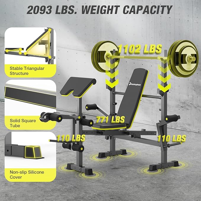 6 In 1 Weight Bench Set, 2093 LBS Foldable Bench Press with Push-Pull Bench, Adjustable Work Out Equipment for Home Gym with Squat Rack, Standard Strength Training Bench