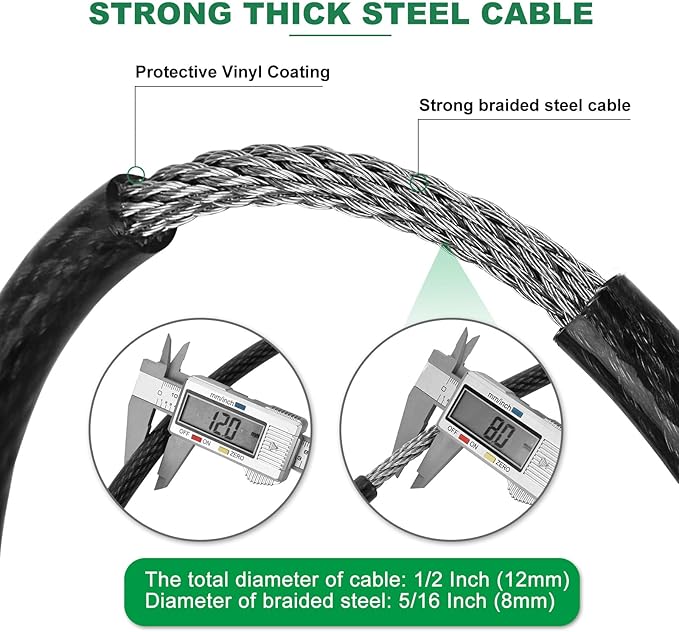 15 ft x 1/2" Heavy Duty Cut-Proof Security Cable | Flexible Vinyl-Coated Braided Steel with Looped Ends | Weatherproof Anti-Theft Locking Cable for Bikes, Gates, Kayaking & Outdoor Equipment