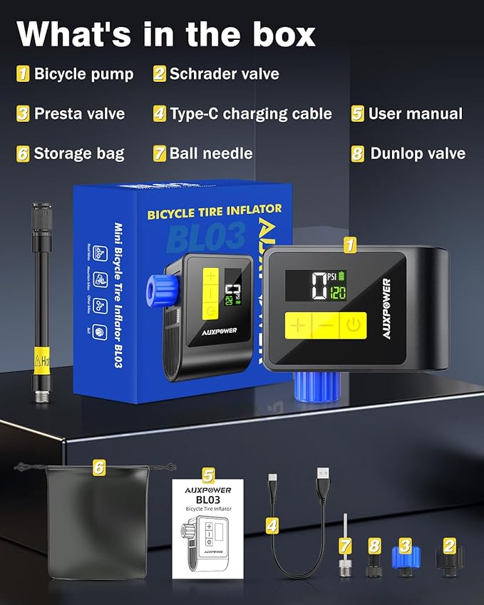 Auxpower BL03 Bicycle Pump with Pressure Gauge, 120PSI Electric Bike Pump with Presta and Schrader Valve, Auto Stop, Outdoor Camping Cycling Pump for Road, Mountain, E-Bike and Sports Balls