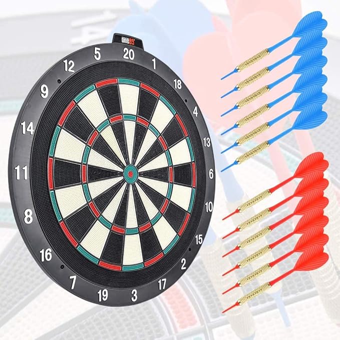 Dartboard 18' Plastic Board with 12 Soft Tip Darts, 20 Extra Tips, Mounting Kit