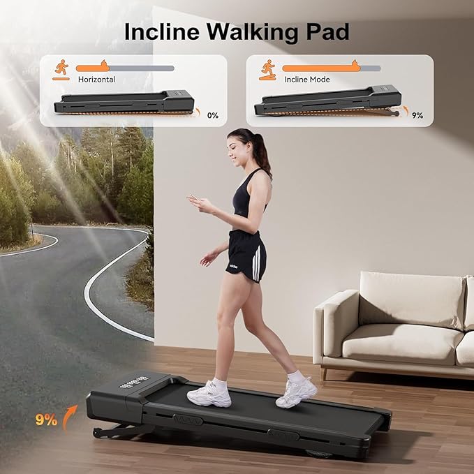 SupeRun Walking Pad with 9% Auto Incline, Under Desk Treadmills for Home and Office Small Space, 2.5 HP Portable Mini Jogging Machine with APP and Remote Control and LED Display, 300 Lbs Capacity