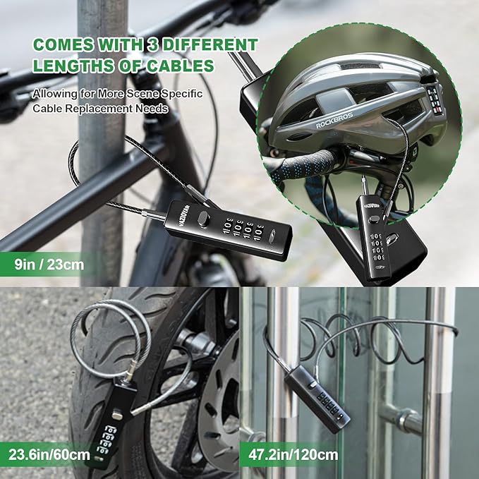 Cable Locks with Combination,Bicycle Lock, Suitcases Lock,Comes with 3 Different Lengths of Cables, Reconfigurable 4-Digit Password Lock,Zinc Alloy Reinforced Lock Body (Black)
