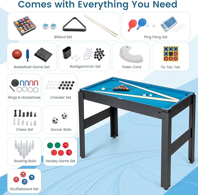 GYMAX Multi Game Table 48", 14 in 1 Combo Game Table w/Basketball, Billiards, Foosball, Ping Pong, Hockey, Shuffleboard, Bowling, Chess, Checkers, Backgammon, Tic Tac Toe for Game Room, Family Night