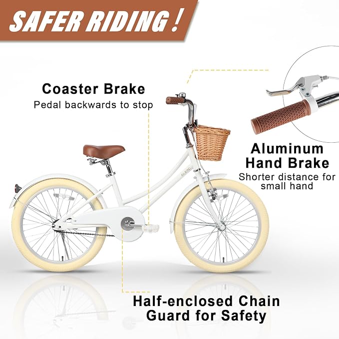 Glerc Little Molly 12-20 Inch Kids Retro Cruiser Bike for 2-13 Year Old with Wicker Basket & Training Wheels/Kickstand, Multiple Colors