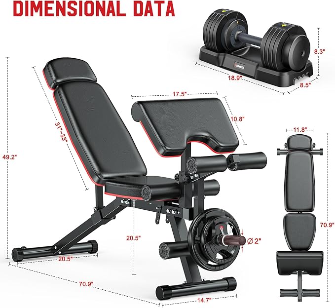 XDDIAS Workout Bench, Adjustable Weight Bench with Leg Extension and Leg Curl, Extended Headrest, 900LBS Preacher Curl Bench Incline Decline Flat Workout Bench for Home Gym Full Body Exercise