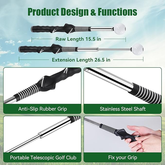 Retractable Golf Swing Trainer - Golf Swing Training Aid,Golf Grip Trainer ＆ Improve Swing Tempo | Click Stick Right-Handed Training Aid with Arm Band for All Golfers,Indoor & Outdoor Use