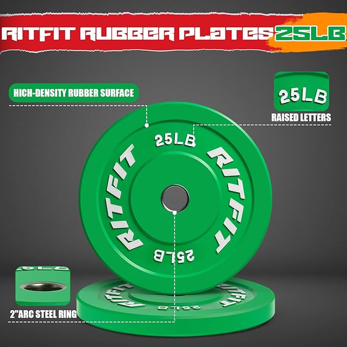 RitFit Color Coded Olympic Bumper Plate for Barbell - 2-Inch Weight Plates With Steel Insert, Rubber Weights for Strength Training in Home Gym