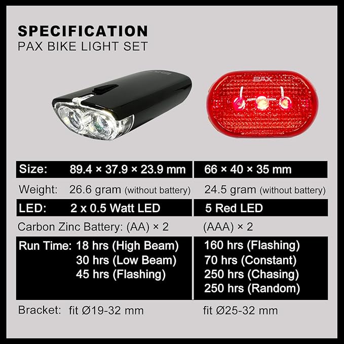 PAX Bike Lights, Super Bright LED Light Set, Bicycle Front Light and Rear Light, Water Resistant, Multi Light Mode, Easy to Install for Mountain Bike, Road Bike and Others