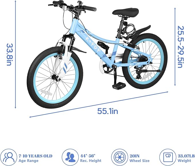 20 24 Inch Kids Bike, 7-Speed Girls Boy Mountain Bike, Front Suspension Fork Kids' Bicycles Girls Boys Bikes Ages 8-12, Front and Rear V Brakes