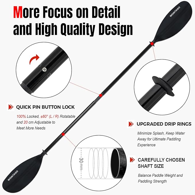 Kayak Paddle with Fiberglass Shaft and Reinforced Nylon Blade, Adjustable Kayaking Oars, 3 Piece, 230-250 cm/90-98 inches, 210-230 cm/82-90 inches
