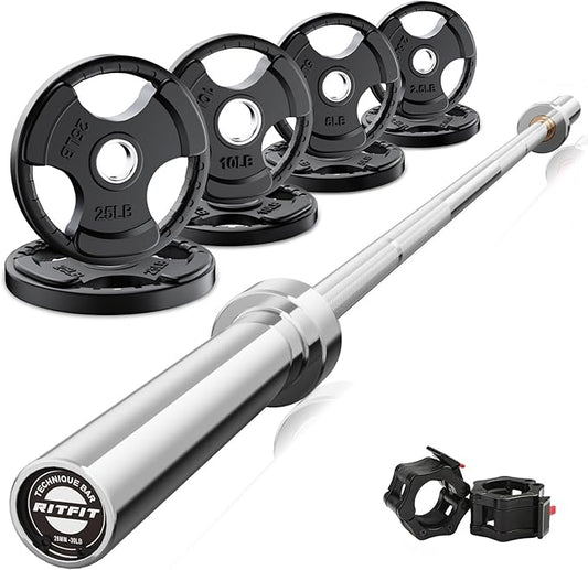 RitFit Barbell Weight Set - 4/6FT Olympic Barbell with Weight Plates (55-275LB Total) - Weightlifting Equipment for Squats, Curls, Deadlifts, Presses, Hip Thrusts