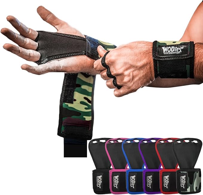 JerkFit WODies Gymnastics & Weightlifting Grips with Wrist Wraps – 3 Hole Versatile Gym Gloves for Pull Ups, Gym Training & Cross Training – Hand Grips Palm Protector for Men & Women