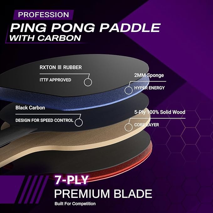 Professional Ping Pong Paddles-Lightweight Carbon Fiber Table Tennis Rackets with 7-Ply Blade, 2.0mm Premium Sponge, ITTF Approved Rubber - for Tournament-Level Performance Table Tennis Paddles