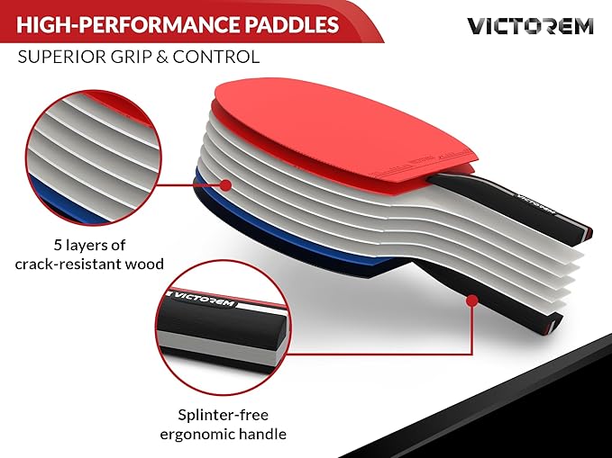 VICTOREM Table Tennis Paddles Set of 4 - Professional Ping Pong Paddles Set with Rubber & Ergonomic Handle for Enhanced Control & Spin - Speed & Control for Ultimate Performance with 8 Balls Included