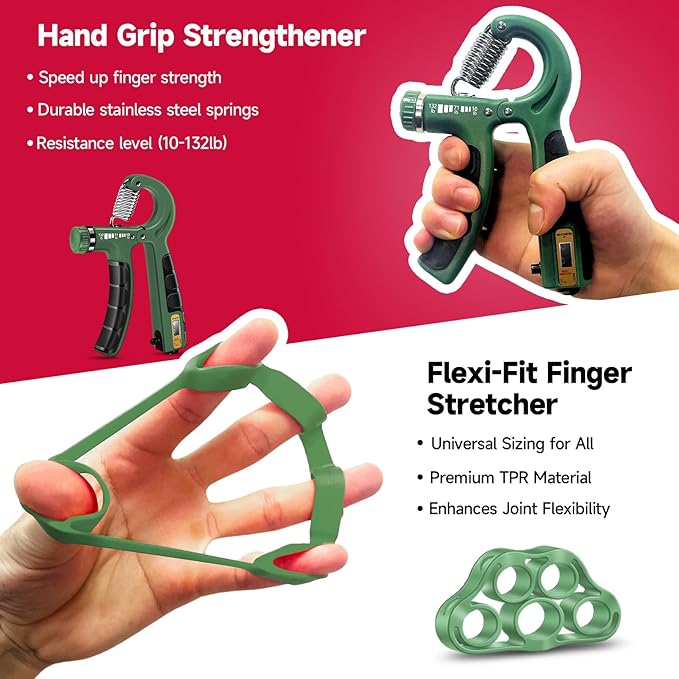 FitBeast Hand Grip Strengthener Workout Kit (5 Pack), 2 Forearm Grip Adjustable Resistance Hand Gripper, Finger Stretcher, Grip Ring & Stress Relief Grip Ball for Athletes