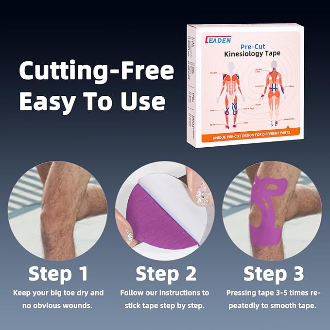 IEADEN Precut Kinesiology Tape for Knees, 20 Pcs - Knee Support & Stability, Knee Pain Relief Athletic Tape - Waterproof & Elastic, Breathable Hypoallergenic Latex-Free Tape, Purple